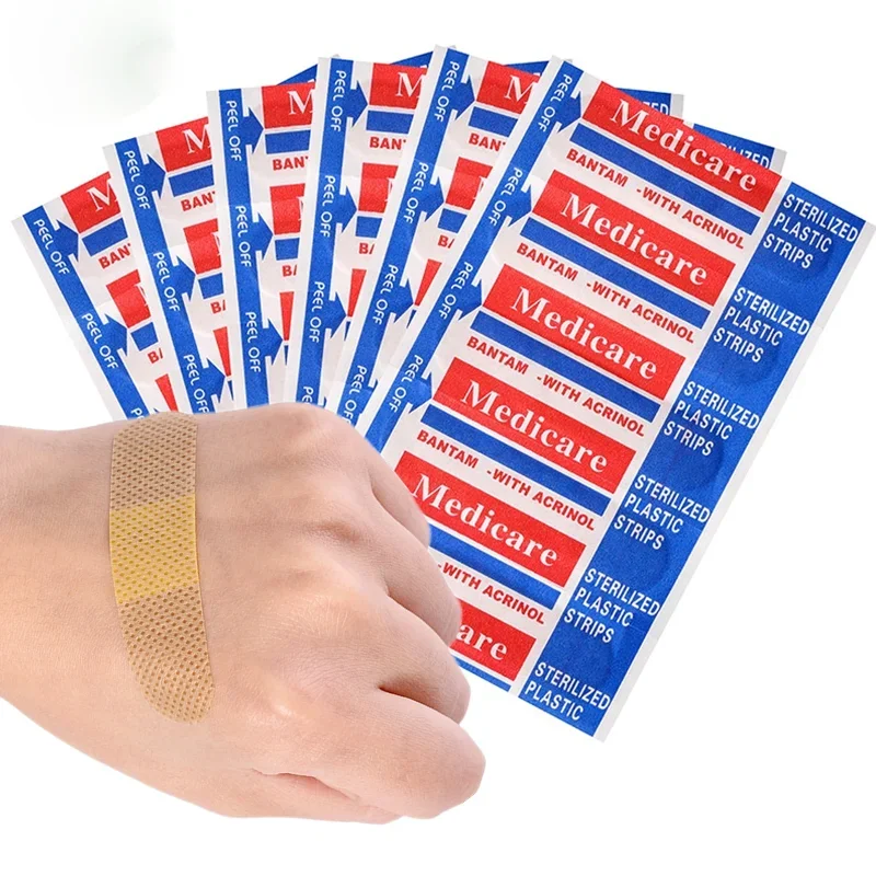 Atadura de primeiros socorros de emergência, tecido não tecido, impermeável, respirável, estéril, pasta ferida, band-aid médico, gesso, 100pcs por conjunto