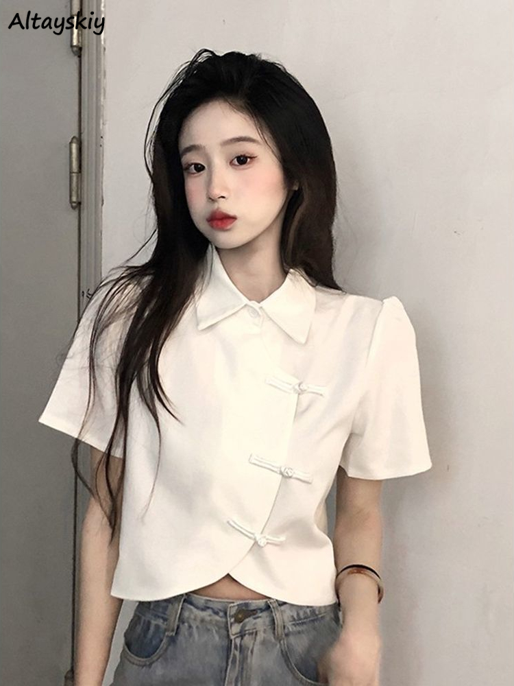 Рубашки в китайском стиле, женские современные укороченные топы, чистый летний Универсальный милый топ для девушек, лидер продаж, модный элегантный тонкий Топ неправильной формы для молодых девушек