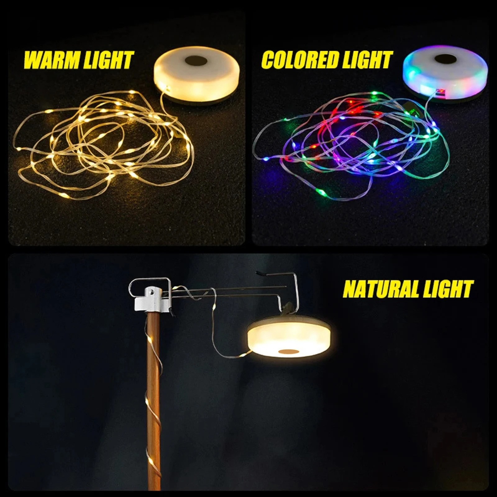 Camping-Lichterkette, 2-in-1, wasserdicht, tragbar, austauschbar, für den Außenbereich, mit Beleuchtungsmodi, USB-Camping-Lichter zum Wandern
