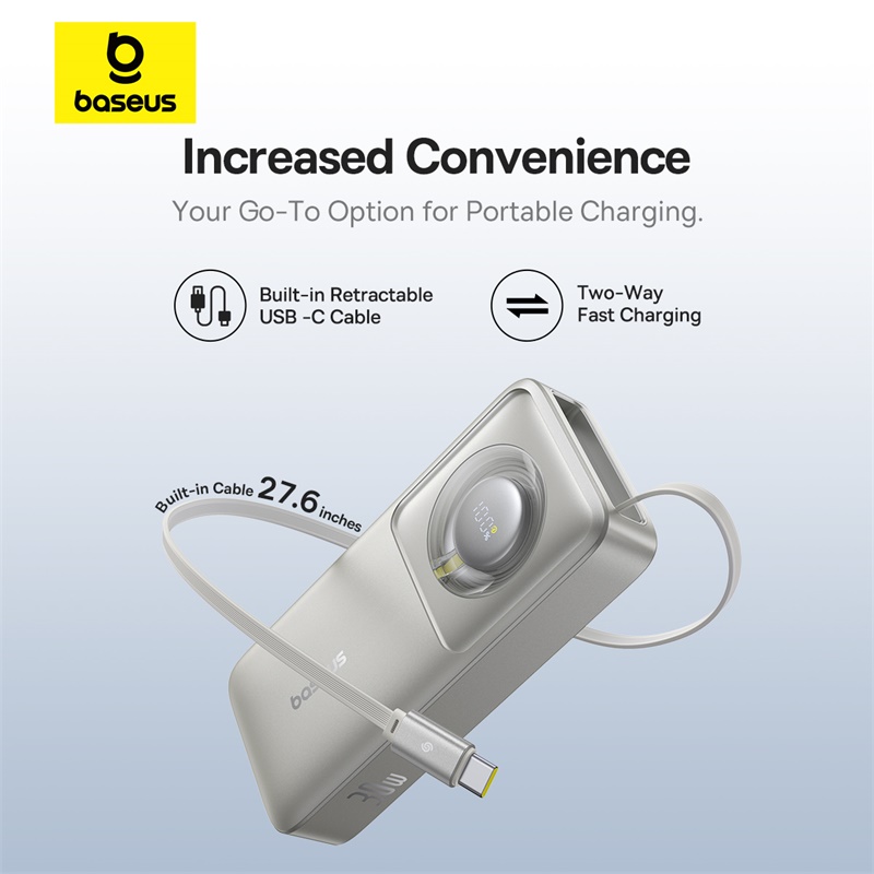Baseus 10000mAh Power Bank 30W Retractable Built-In Type-C Fast Charging Cable For iPhone 17 16 Samsung S25 Poco Xiaomi Laptop