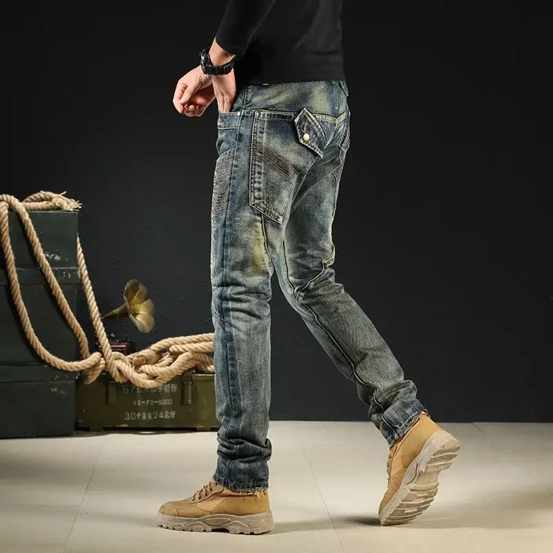 Jeans masculino de baixo crescimento slim fit para motocicletas, calças masculinas de vaqueiro emendadas, cano apertado, estilo de rua japonês, coreano Xs