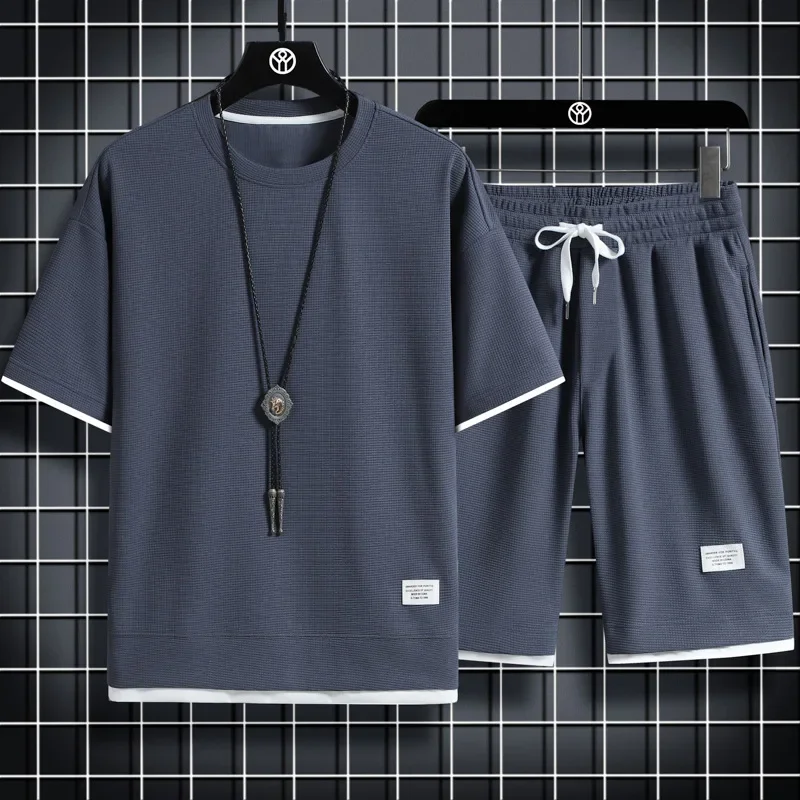 2023 sommer männer Sport Set Casual T-Shirt + Shorts Set Waffel Einfarbig Kurzhülse Shorts Zwei Sets trainingsanzug Lose Anzüge