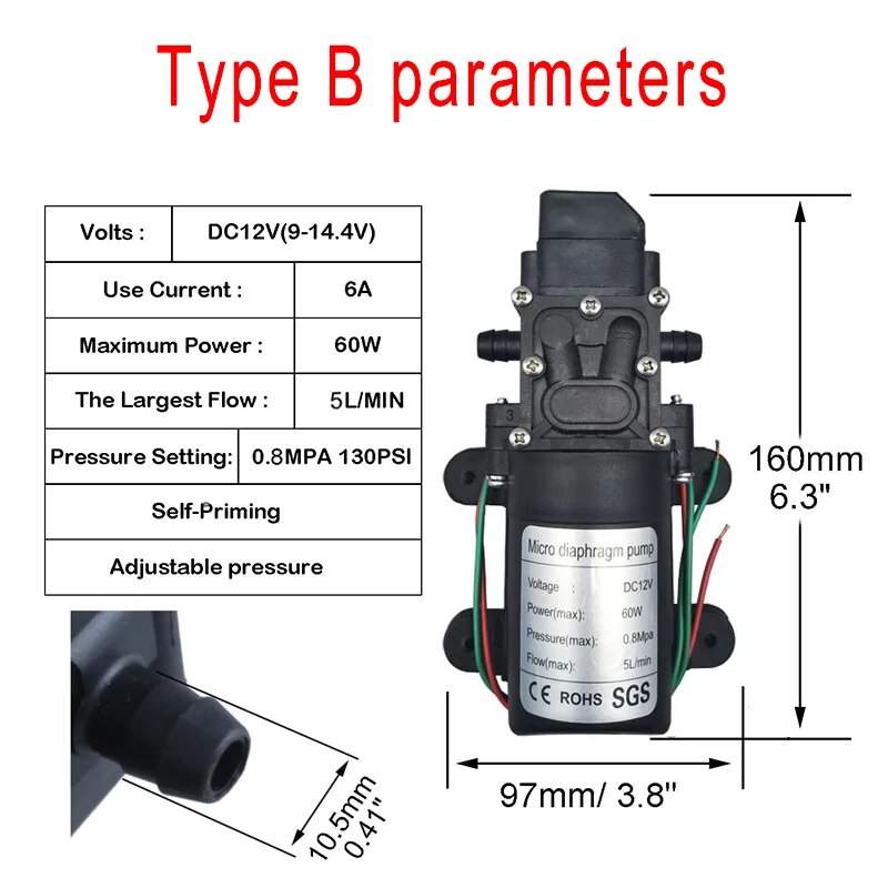 DC12V 120PSI ปั๊มน้ำไดอะแฟรมแรงดันสูง5lmin ปั๊มน้ำไฟฟ้าขนาดเล็กสีดำปั๊มน้ำรองพื้นตนเองเครื่องพ่นน้ำรถยนต์เป็น