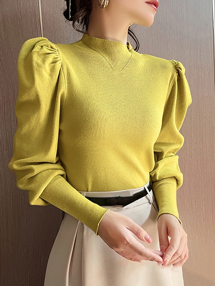 Otoño Invierno suéter de cuello alto ajustado jerseys básicos moda coreana Tops de punto manga abombada suéter para mujer jerséis elásticos