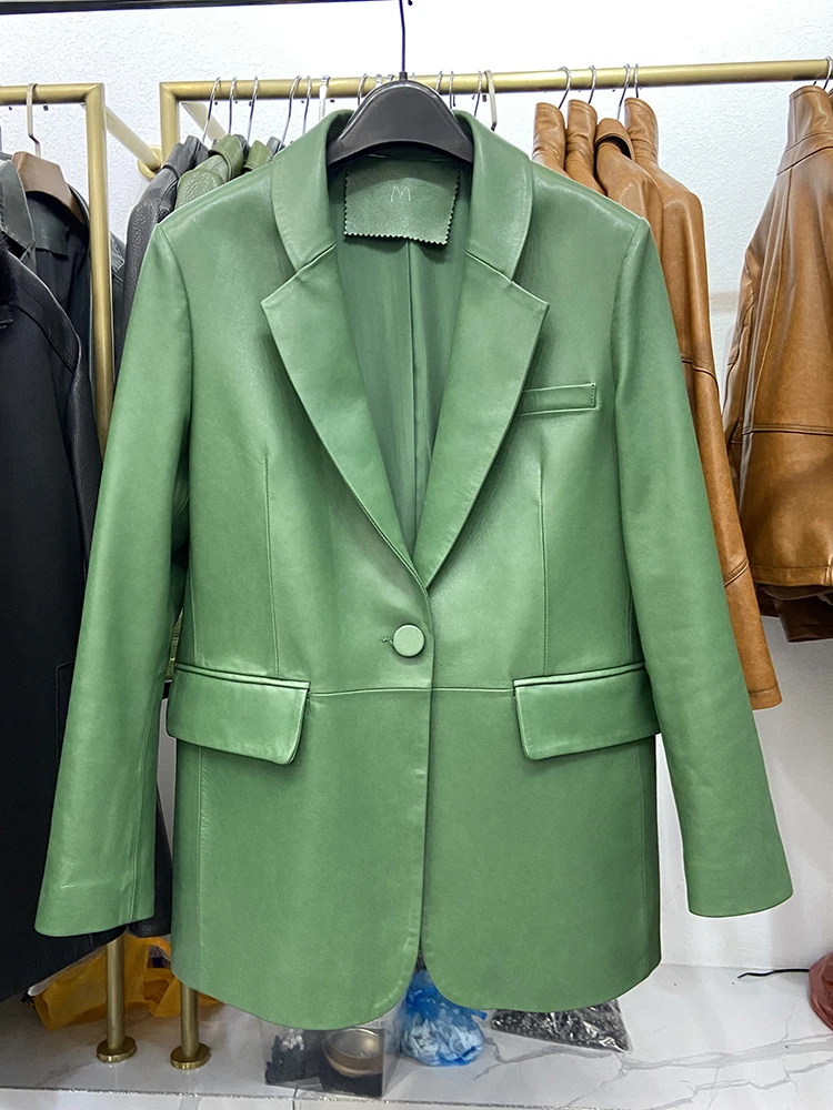 ฤดูใบไม้ผลิผู้หญิง Lady's Real Sheepskin หนังผู้หญิงของแท้หนังยาวสีเขียวเสื้อสูท Coat
