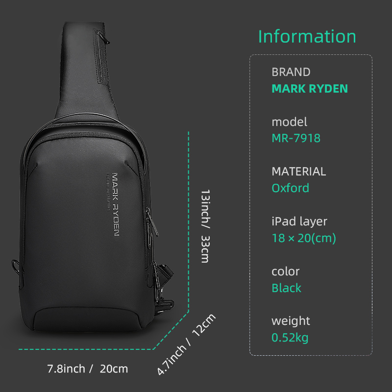 Mark ryden bolsa de ombro para homens repelente de água esportes saco de peito anti-roubo crossbody sacos de carregamento usb saco do mensageiro
