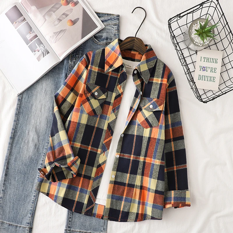 ผ้าฝ้ายลายสก๊อตเสื้อผู้หญิง 2024 ฤดูใบไม้ร่วงใหม่หญิง Casual SLIM FIT เสื้อแขนยาวและเสื้อสุภาพสตรี Checkered เสื้อผ้า