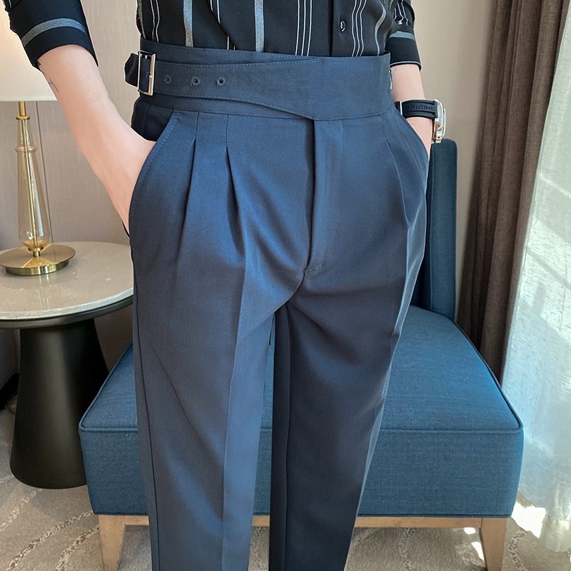 Britischen Stil Männer Hohe Taille Casual Kleid Hose Männer Gürtel Design Dünne Hosen Formale Büro Sozialen Hochzeit Party Kleid Anzug Hosen