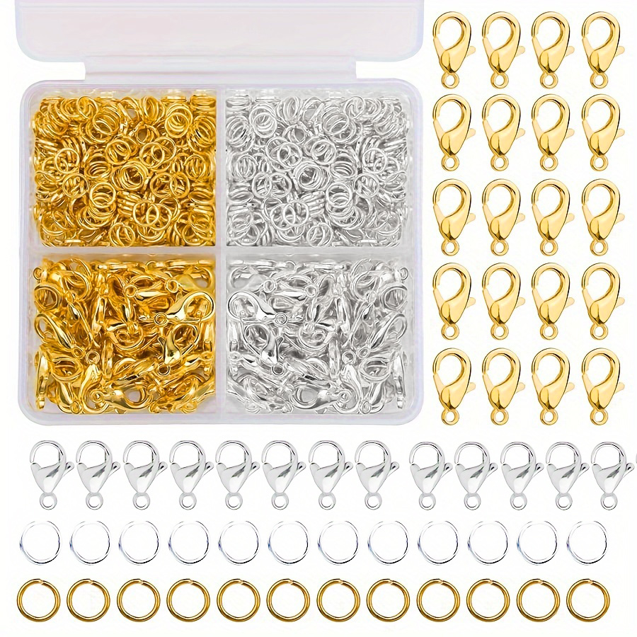 Caja de 1 Juego de anillos abiertos con cierre de langosta dorado y plateado para hacer joyas, pulseras, collares, ganchos, cierre de cadena, accesorios DIY