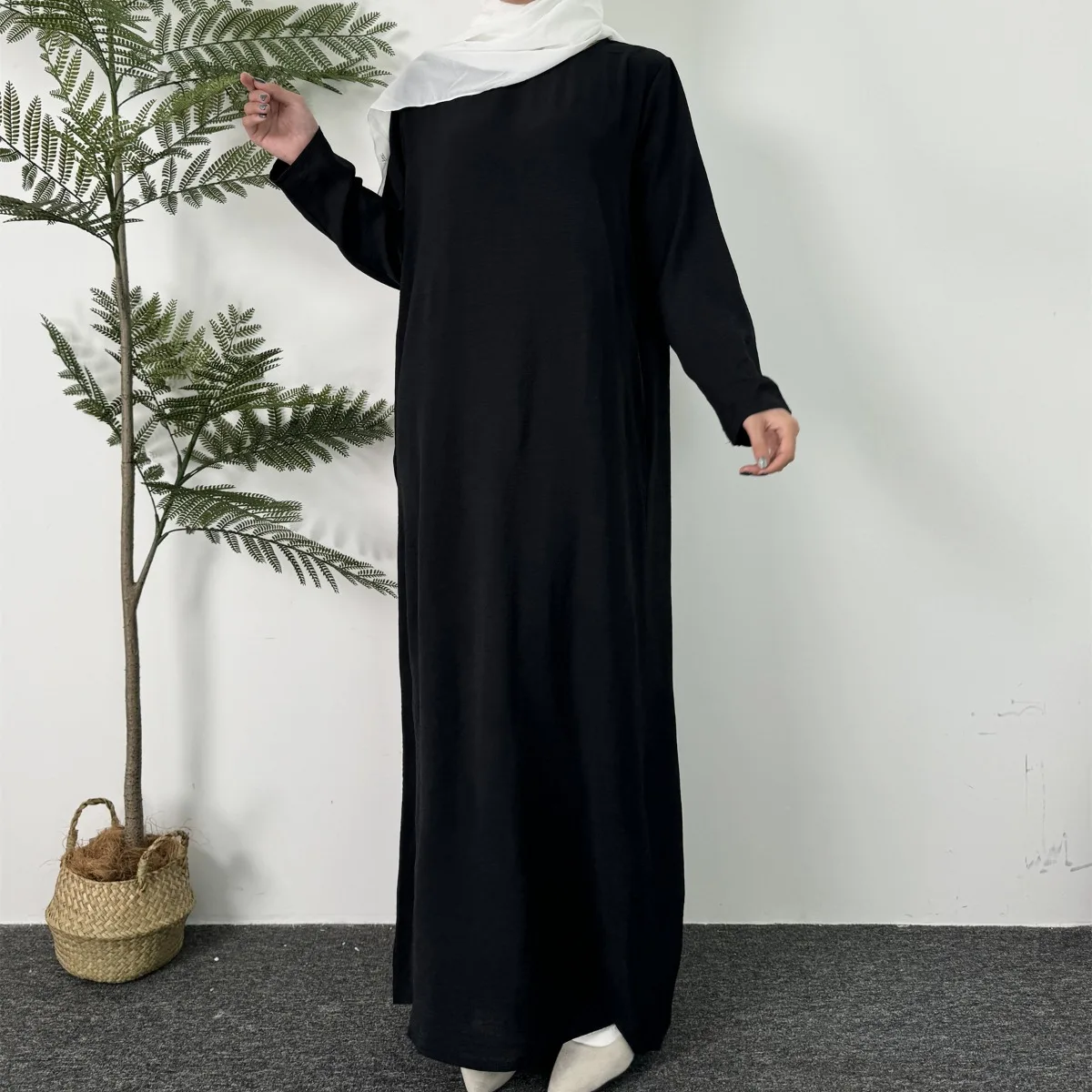 Lange Damenkleider Ramadan-Kaftan mit Rundhalsausschnitt, solides, elegantes, langärmliges muslimisches Abaya-Maxikleid, Damenbekleidung