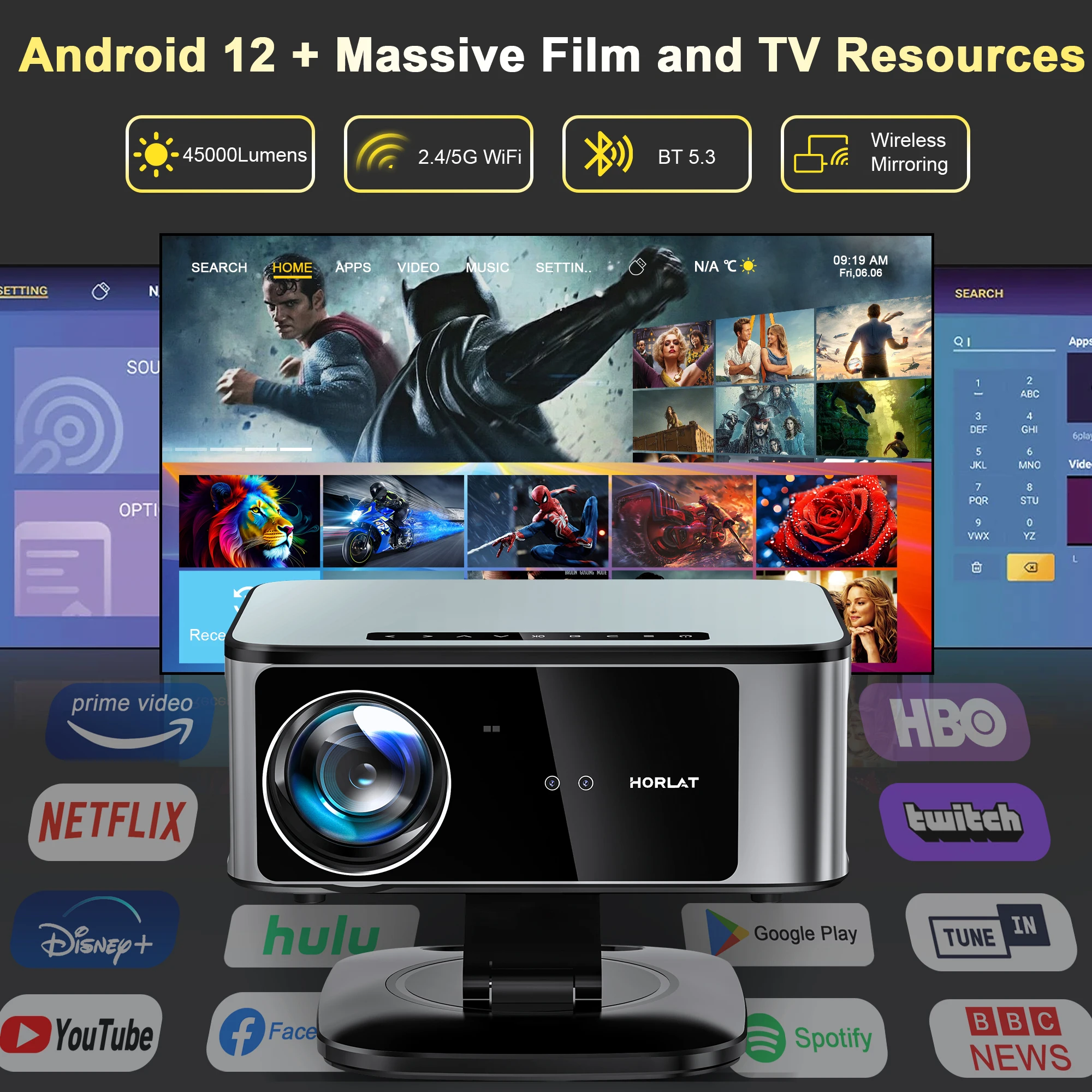 2025 Horlat 45000 Lumens 4K UHD Projector Laser TOF Focus Android 12 WiFi 1080P Full HD Home Theater Movie Projector for Netflix
