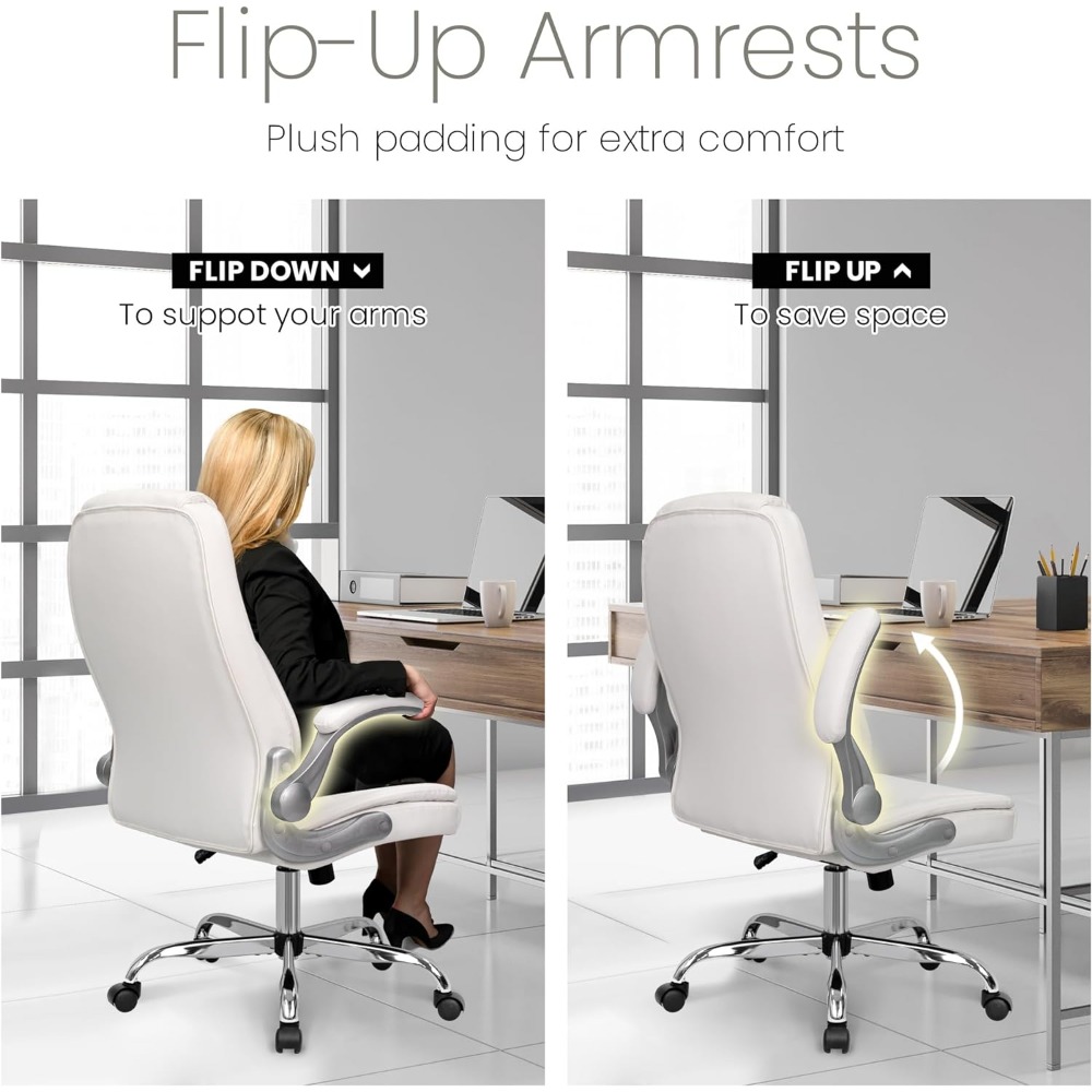 Ergonomic Office Chair PU Leather Executive Chair Padded Flip Up Armrest Computer Chair Adjustable Height High Back Lumbar