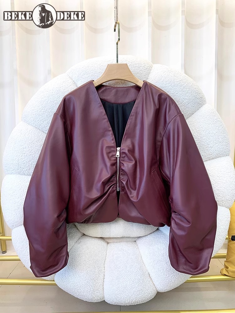 Nowa kurtka z prawdziwej skóry moda damska z długim rękawem solidny dekolt w serek krótki płaszcz na co dzień Streetwear damska odzież wierzchnia z owczej skóry