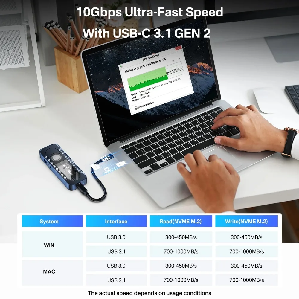 Корпус ACASIS 10 Гбит/с M.2 NVME SSD Встроенный охлаждающий вентилятор Type-C M2 PCIE NVME SSD-бокс для 2230 2242 2260 2280 nvme ssd Case