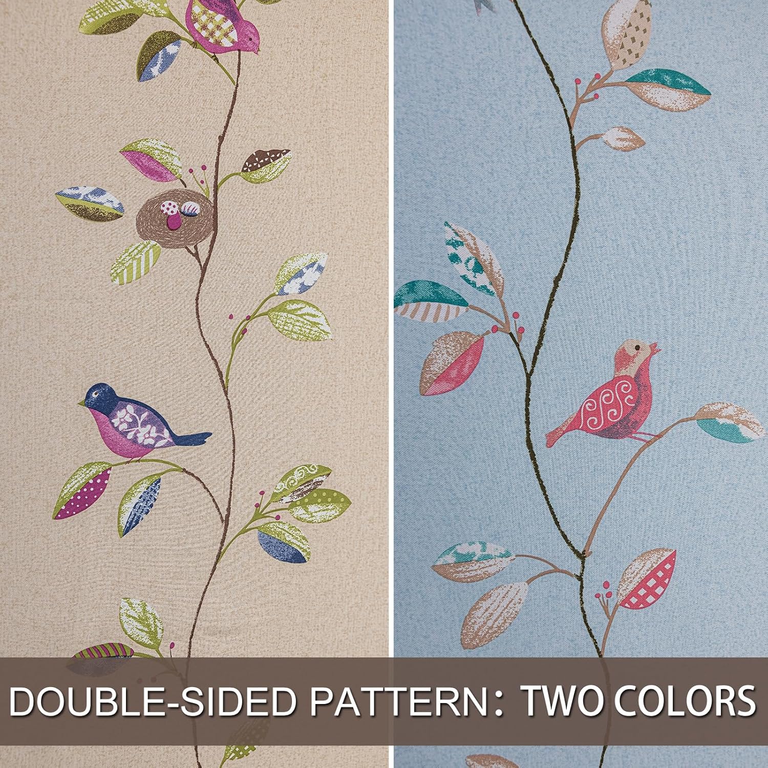 Cortinas opacas con patrón de pájaros de doble cara para sala de estar, estampado floral, vid, granja, oscurecimiento de habitac