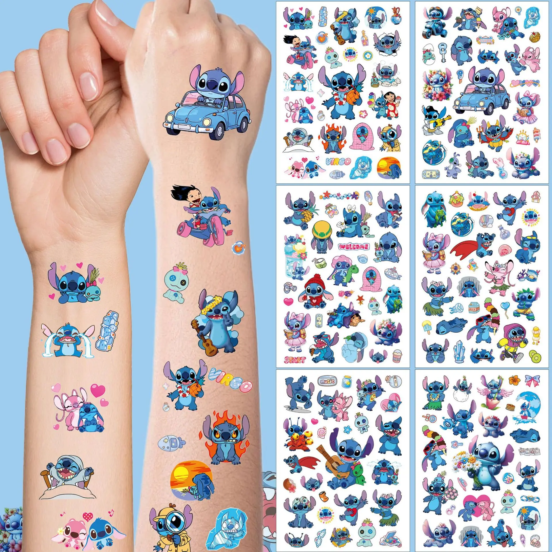 4 hojas de pegatinas de Lilo y Stitch de dibujos animados de Disney, pegatinas de tatuaje para diario DIY, decoración de fiesta de cumpleaños, juguete clásico divertido