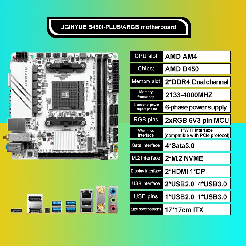 Das JGINYUE AMD AM4 ITX-Motherboard unterstützt Ryzen R3 R5 R7 1/2/3/4/5-Serie CPU DDR4 RAM Desktop-PC PCI-E 3.0 B450I-PLUS ARGB MB