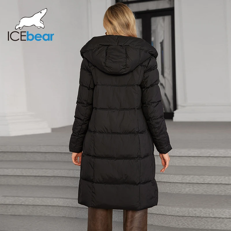 Icefbear 2024เสื้อโค้ทผู้หญิงขนเป็ด, เสื้อแจ็คเก็ตแฟชั่นอบอุ่นมีเชือกผูกมีฮู้ดเสื้อคลุมลำลองยาว GWD4617I ผู้หญิง