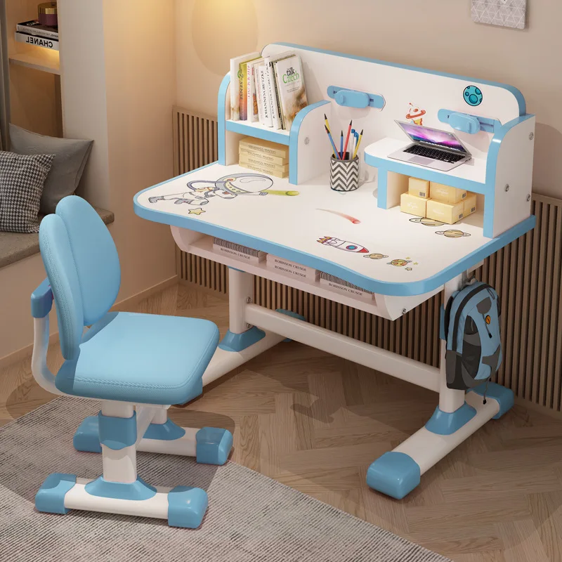 La mesa y la silla de estudio para niños se pueden subir y bajar, silla de estudio para tareas en casa, estantería, mesa y silla integrados