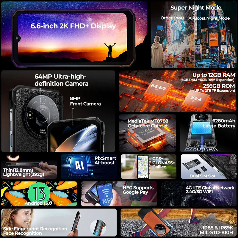 [Mundo premeire] smartphone robusto hotwav t7 pro 6.6 ''fhd + 2k 6280mah 12(6 + 6)gb 256gb celular 64mp android 13 celular