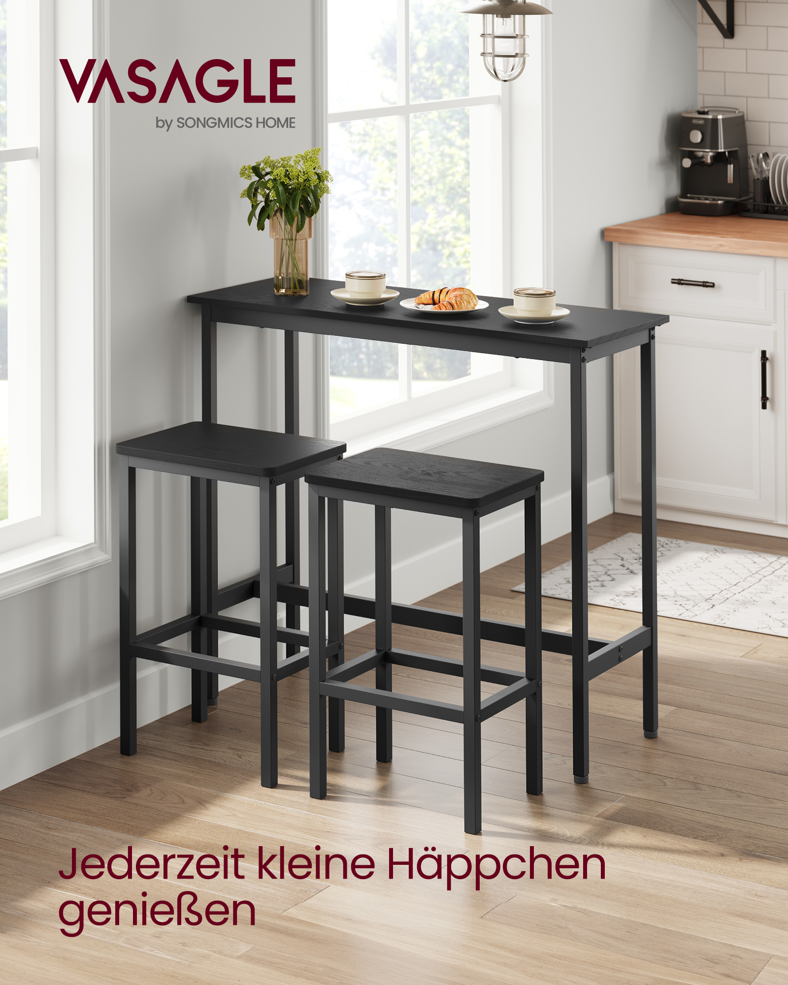 VASAGLE Bartisch mit Barhocker Set, Essgruppe, Stehtisch mit 2 Stühlen, Stahlgestell, Industrie-Design