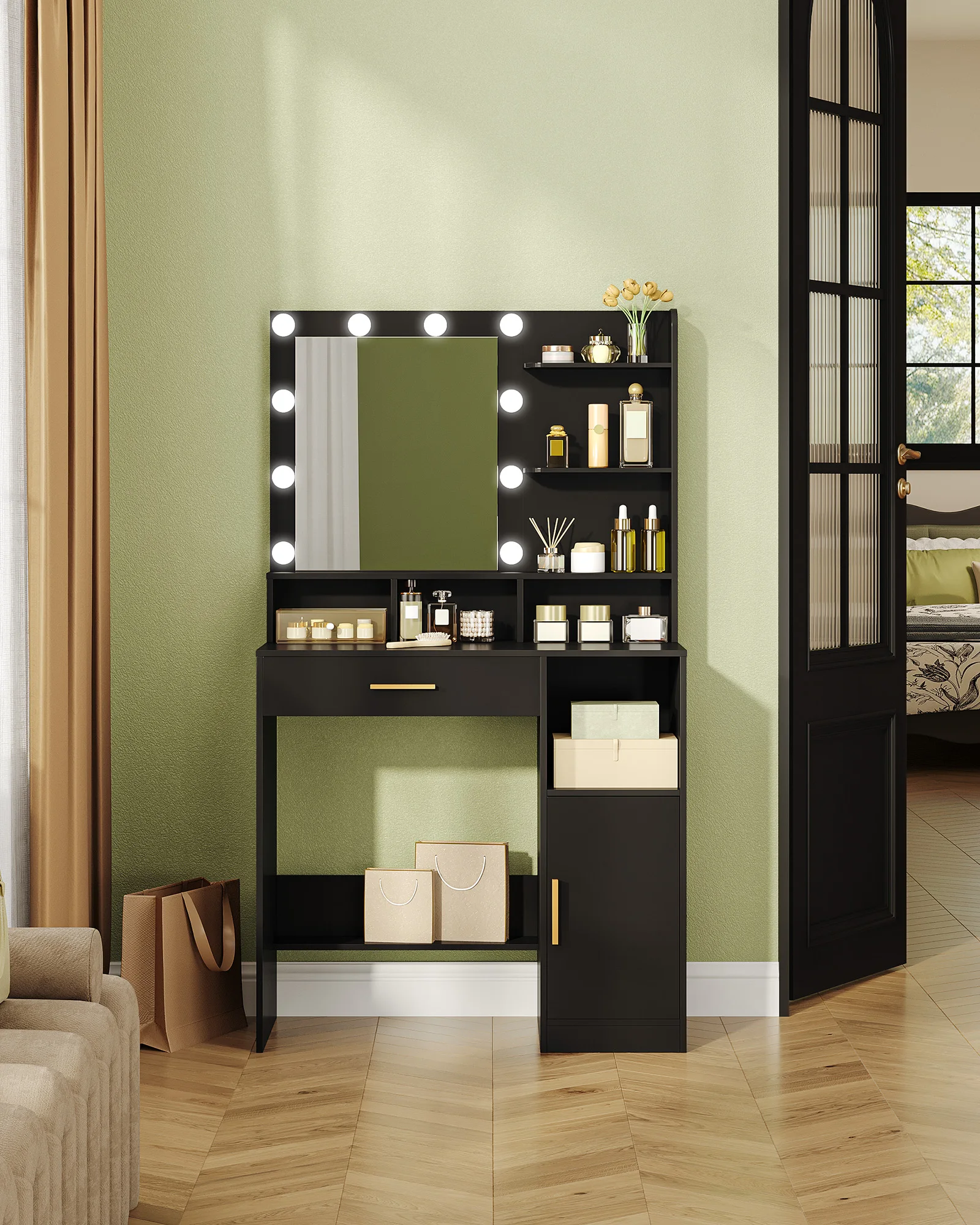 Hzuaneri Toeletta con Specchio e 10 Luci LED, Mobile Vanity con 3 Ripiani e 4 Scomparti Aperti, con Grande Cassetto