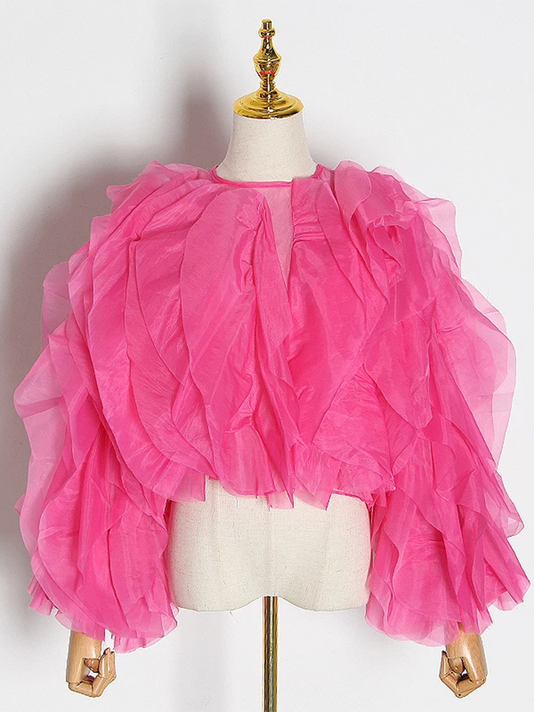 TWOTWINSTYLE Vintage Miếng Dán Cường Lực Xù Áo Sơ Mi Nữ Cổ Tròn Lồng Đèn Dài Tay Thanh Lịch Áo Nữ Thời Trang Phong Cách Mới