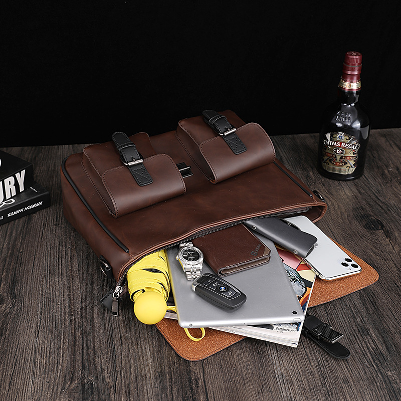 Bolso de hombro informal para hombre, Caballo loco de cuero de bandolera, gran capacidad, maletines de negocios