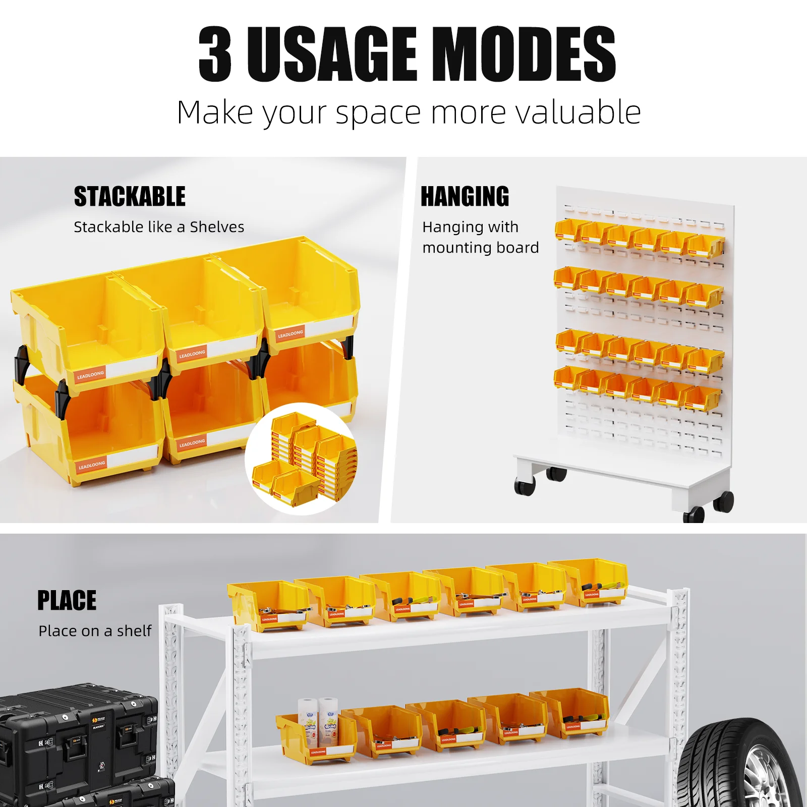 6/24Pcs 5"x4"x3" Freestanding Tiered Storage Bins - Stackable/Hanging Garage Containers for Tools & Parts - Heavy-Duty Organizer