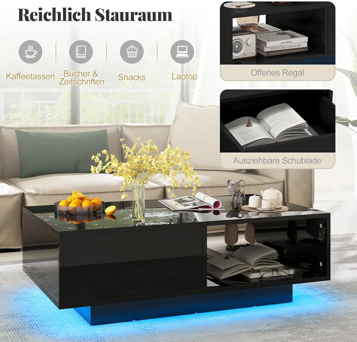 Couchtisch mit LED-Lighting, Kaffeetisch mit offenem Ablage & Schublade, Sofa Table mit Fernbedienung, Wohnzimmer, Gesellscha