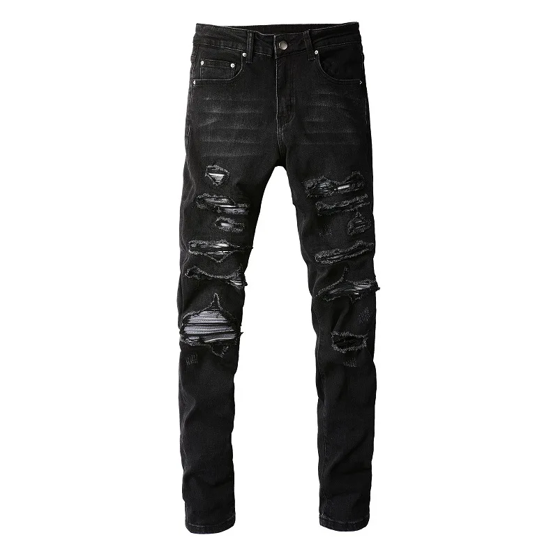 Männer Schwarz High Street Trendy Marke Jeans Premium Männer Neue Stil Patchwork Elastische Slim Fit Zerrissene und Schlankheits Knöchel-länge Jeans