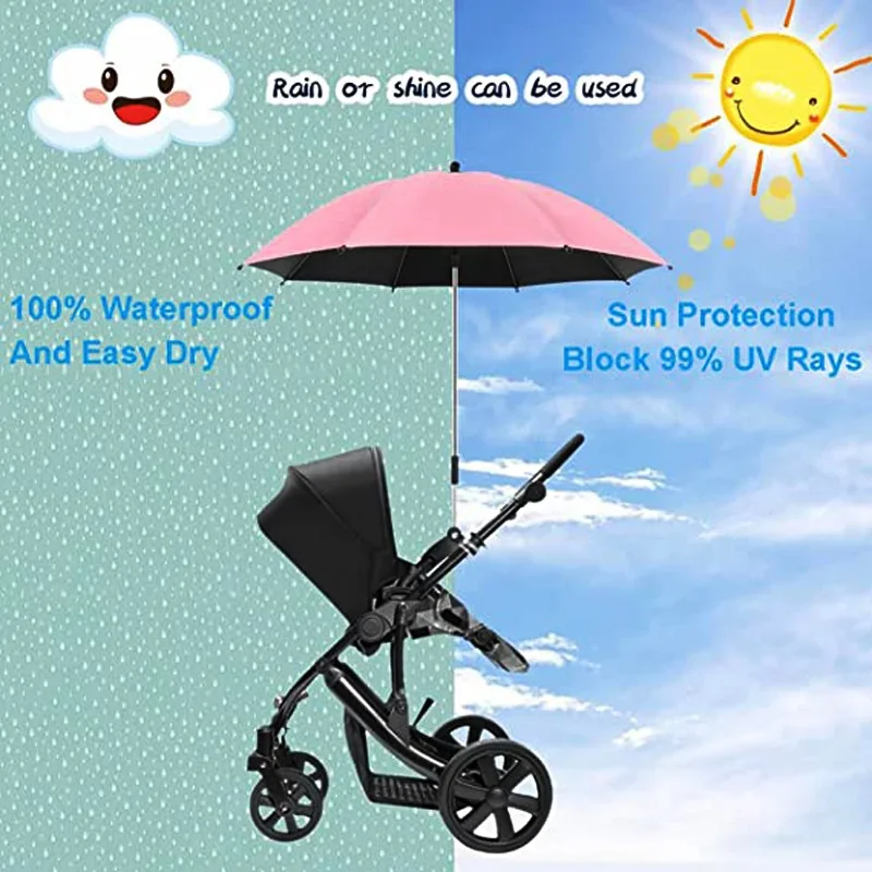 Proteção UV Baby Stroller Umbrella com braçadeira, Protetor solar universal, Capa impermeável, Acessórios
