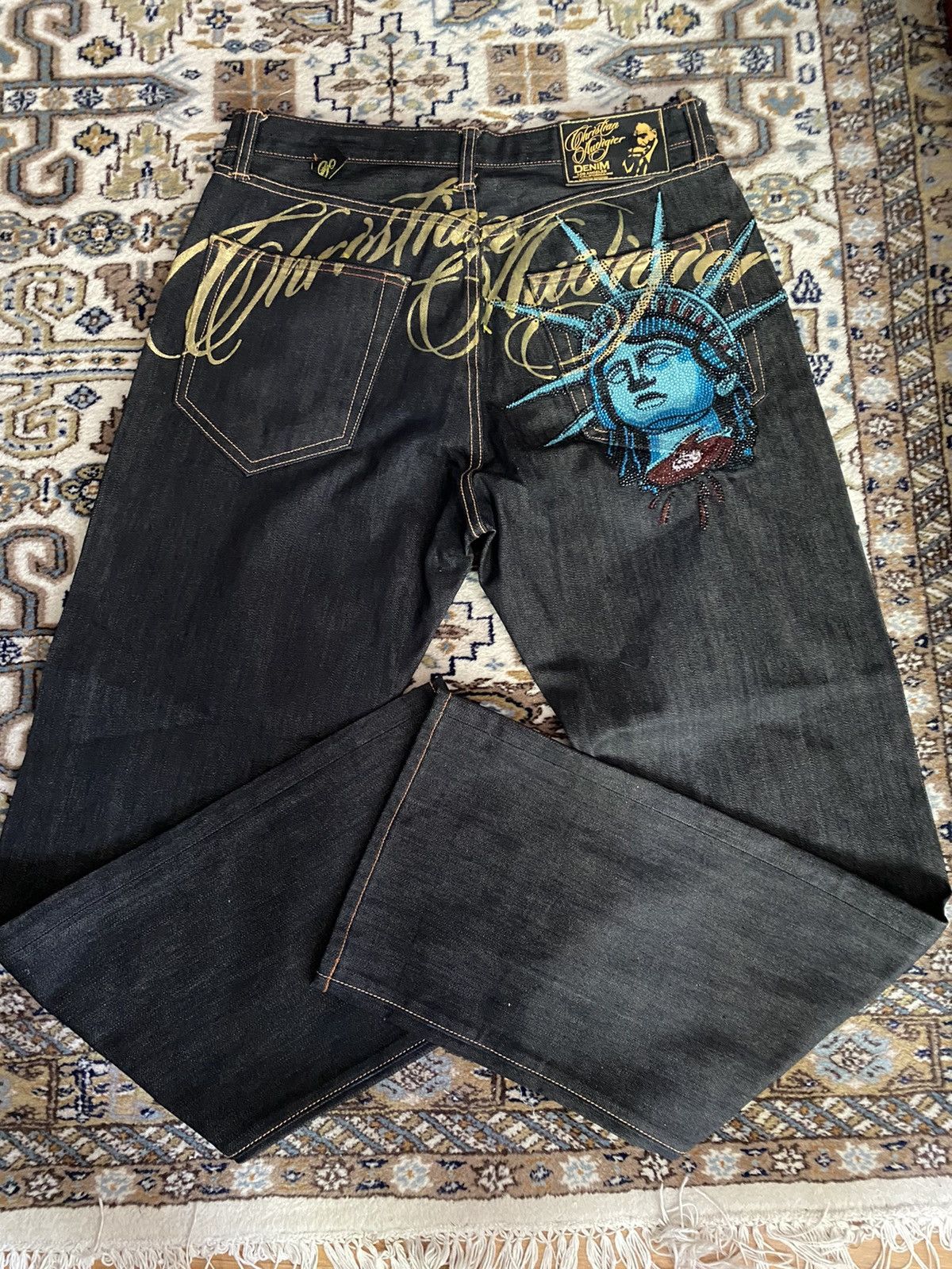 Vintage Estatua de la libertad diamantes Jeans Casual pantalones vaqueros de cintura alta rectos vaqueros de pierna ancha Harajuku Y2k 2000s ropa de mujer