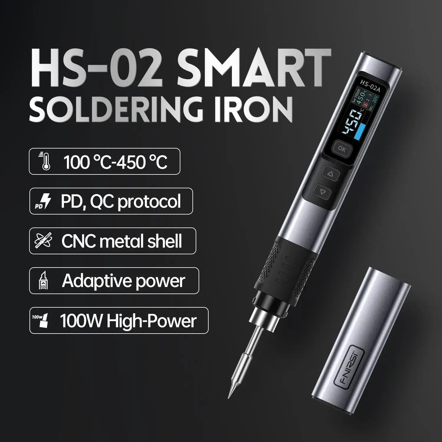 Ferro de solda elétrico inteligente FNIRSI HS-02 100-450 ℃   Kit de ferros de solda portátil com estação de retrabalho de soldagem PD 100W com temperatura ajustável