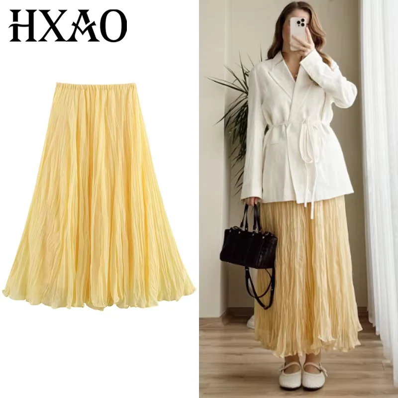 HXAO Falda de mujer Falda plisada amarilla Verano 2025 Midi Ruffle Faldas largas de cintura alta para mujer Faldas casuales elegantes para vacaciones