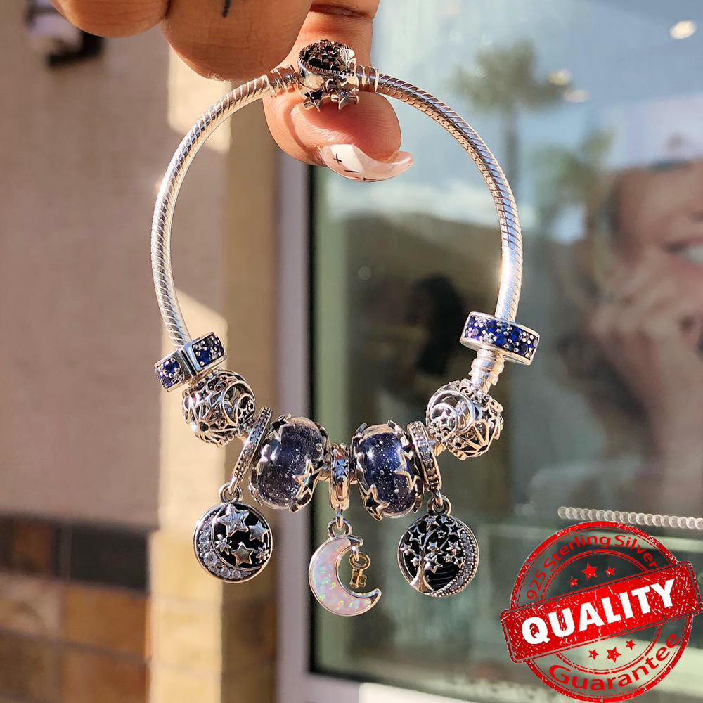 Autêntico 925 prata esterlina charme espumante estrela lua & sol pingente caber pulseiras originais diy feminino colar jóias presente