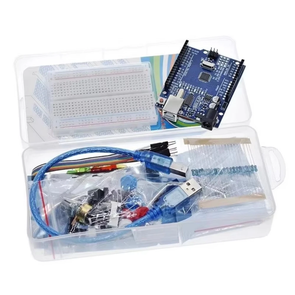 Kit de iniciación de proyecto DIY de placa de pruebas de 400 puntos de amarre para Arduino UNO R3, Kit electrónico DIY, juego de componentes electrónicos con caja