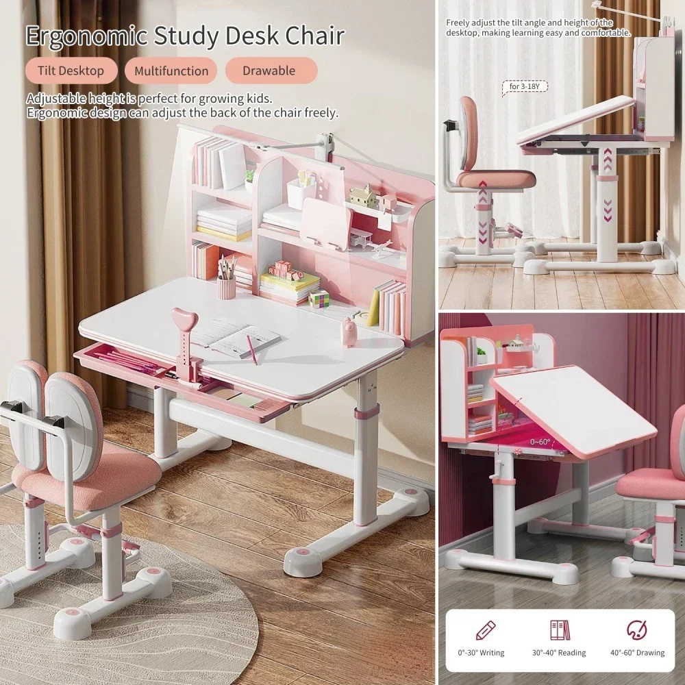 Ensemble de bureau et chaise réglables pour enfants, table d'étude ergonomique pour enfants, bureau inclinable, poste de travail à proximité, écriture scolaire, recommandé, 31.5 "W