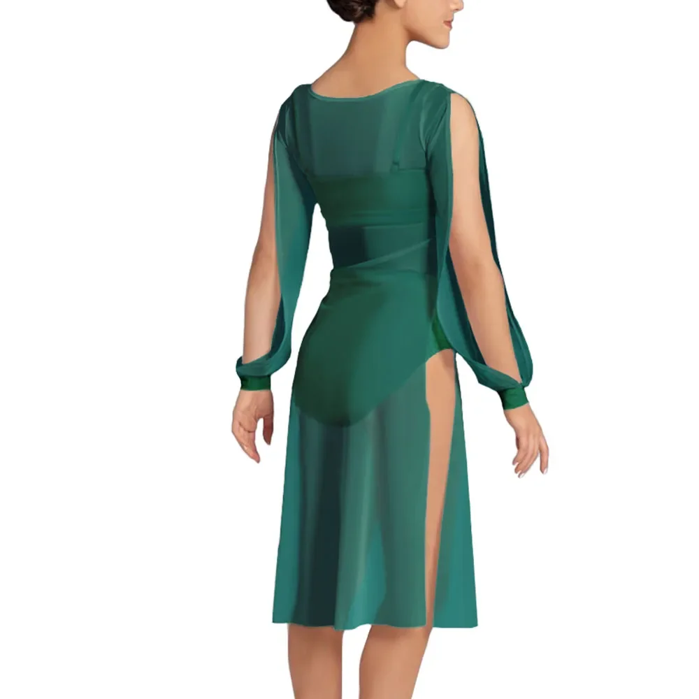 MiDee 메쉬 퍼프 슬리브 드레스 여성 섹시한 시스루 보트 넥 하이 스플릿 스커트 소녀 현대 발레 밸리 댄스 무대 의상