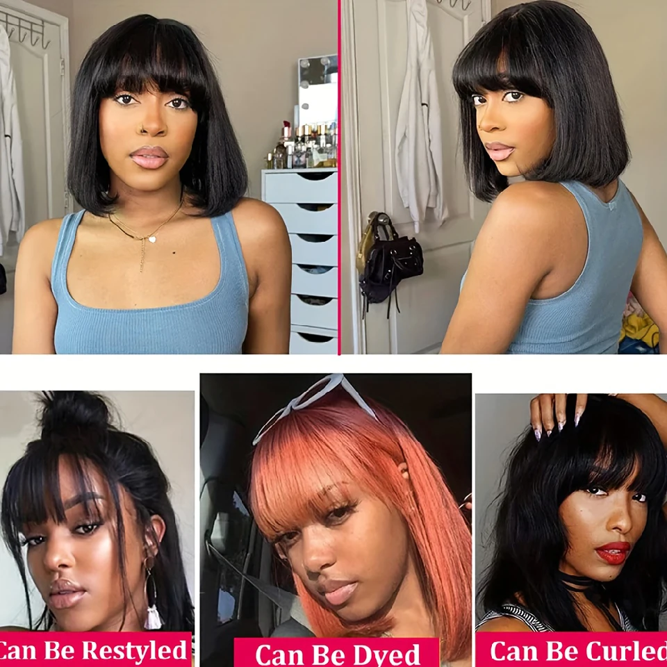 Peruca curta reta bob com franja vietnamita 100% cabelo humano duplo desenhado bob perucas sem cola perucas retas à venda folga 180%