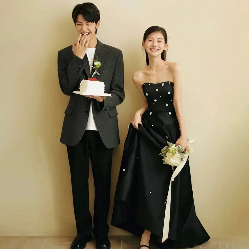 Mode Satijn Eenvoudige Nagel Kraal Jurk Dames Slash Hals Slanke Hoge Taille A-lijn Enkellange Marineblauwe Jurken Nieuw