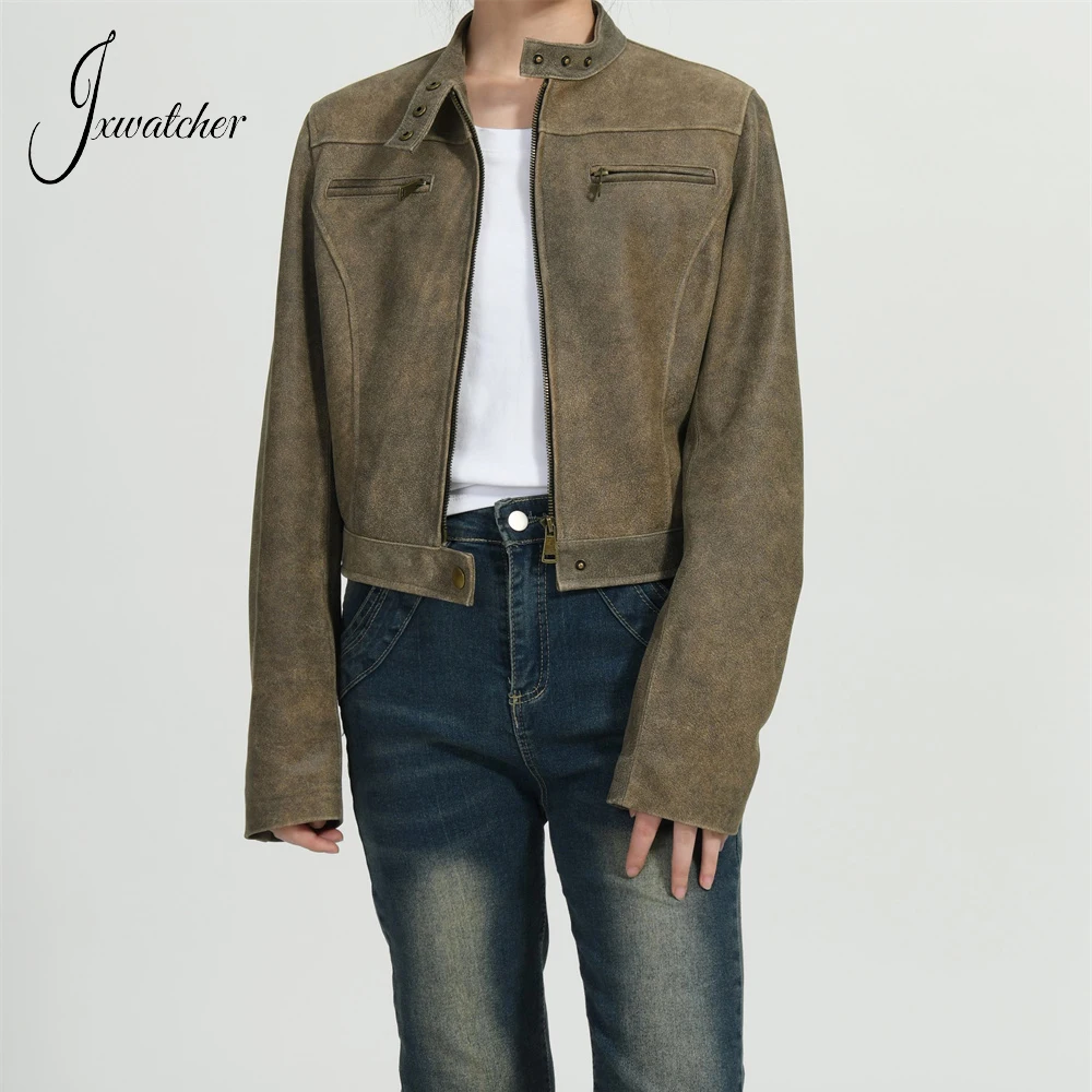 Jxwatcher Damen Echt lederjacke Frühling kurze Schaffell jacke Damen fallen Mode Echt leder Häkel mantel Neuankömmling