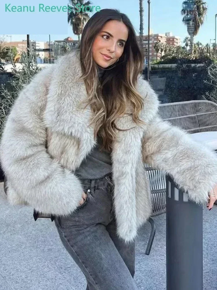 Mode solide fausse fourrure revers femmes vestes Chic déplacements chaud épais à manches longues manteau 2025 nouveau hiver dame haute rue vêtements d'extérieur