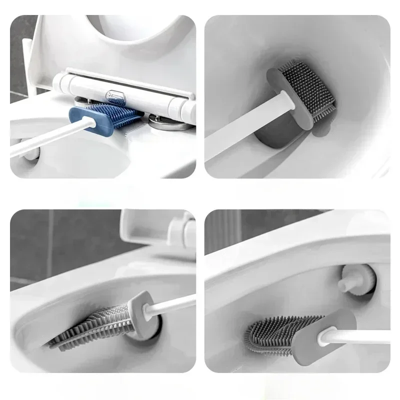 Escova de limpeza de vaso sanitário de silicone, cabeça plana, flexível, montagem na parede, limpador de vaso sanitário, conjunto de suporte de escova para banheiro