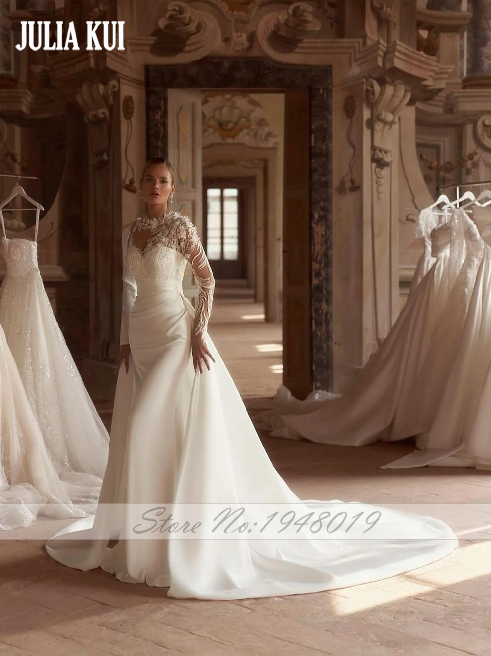 Julia Kui Abiti da sposa 2 in 1 su misura Abiti da sposa a tromba con applicazioni di eleganza e pieghe in pizzo
