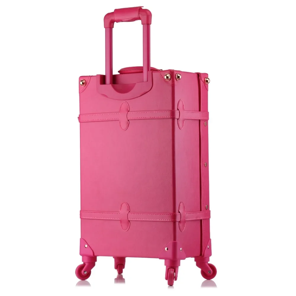 Conjunto de bagagem de couro PU para mulheres, cabine rosa com rodas, carrinho retrô, moda para meninas, 20 ", 24", 26"