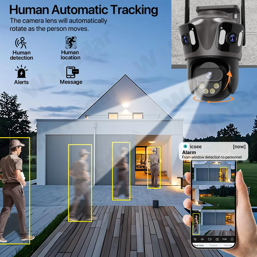 WONSDAR Telecamera PTZ Wifi esterna Telecamera IP a tre obiettivi o doppio obiettivo Monitoraggio automatico Visione notturna a colori Video sorveglianza CCTV iCsee