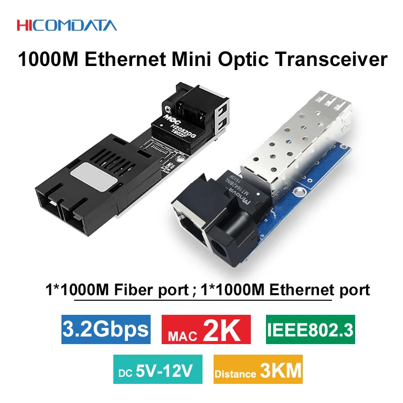 Mini convertidor de medios ópticos Gigabit, interruptor Ethernet SFP, 1 fibra, 1 Rj45, 100/1000Mbp, SC A/B, CC de 12V, transceptor óptico, interruptor de fibra