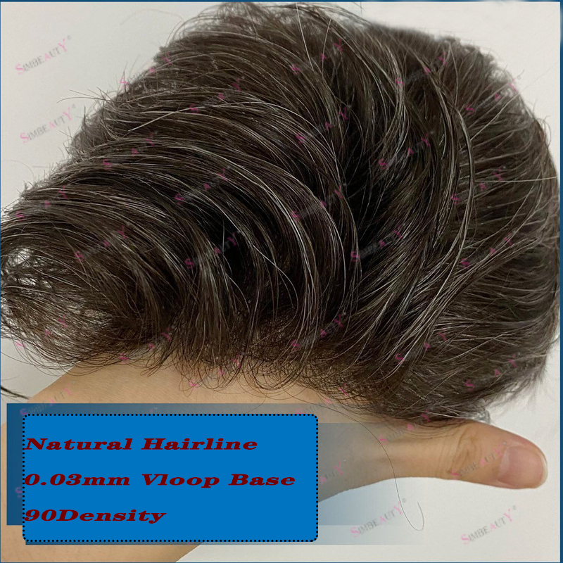 薄い 0.03 ミリメートルスキンメンズかつらナチュラルヘアライン男性レミーかつら Vlooped 100% 人毛交換システム白髪毛細管