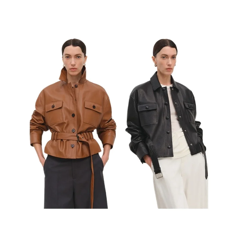Frauen mantel frühling und herbst neue mode kurze länge 2025, echtes leder jacke drehen-unten kragen kleidung